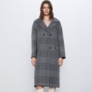 Zara NWT Gray Wool Blend‎ Checked Lapel Collar Pocket Double Breasted Coat Small